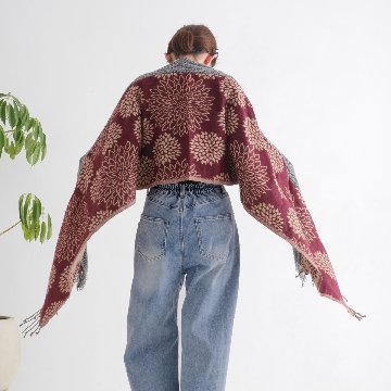手編みならではの温もり＊ケーブル模様＊ダリア柄＊リバーシブル＊ストール＊異素材ミックス＊大判＊d-st004の画像