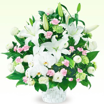 お供えアレンジ　524094　白とピンク系デザイナーお任せアレンジの画像
