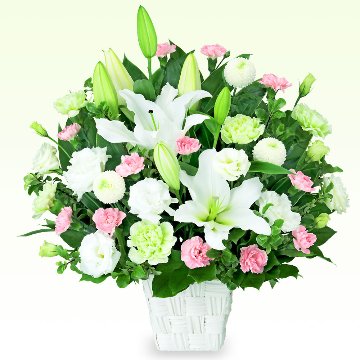 お供えアレンジ　524005　白とピンク系デザイナーお任せアレンジの画像