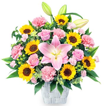 ひまわりとユリの豪華なバスケット　525135の画像