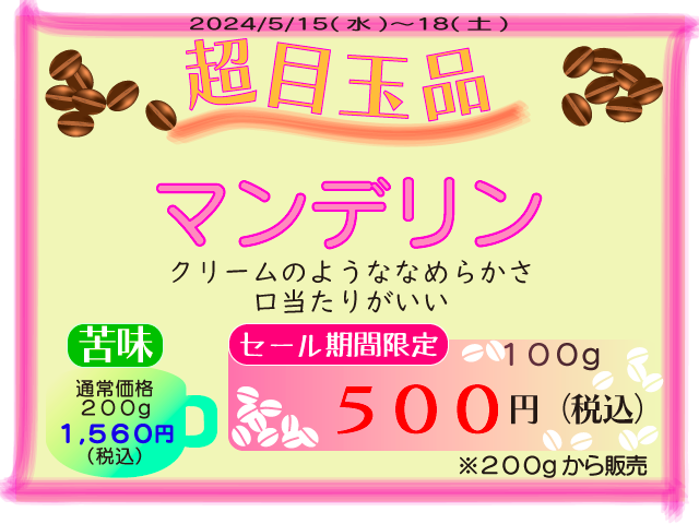 超目玉品　マンデリン　100g　500円