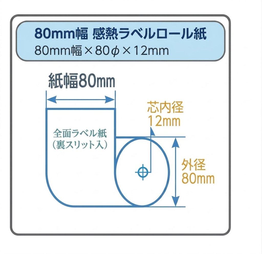 サーマルラベル連続紙　80㎜巾X外形80φ芯12mm裏スリット付き 20巻入りの画像