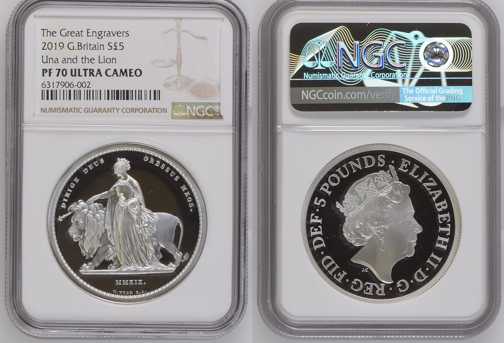 イギリス2019年ウナ＆ライオン5ポンド銀貨NGC PF70UCAM画像