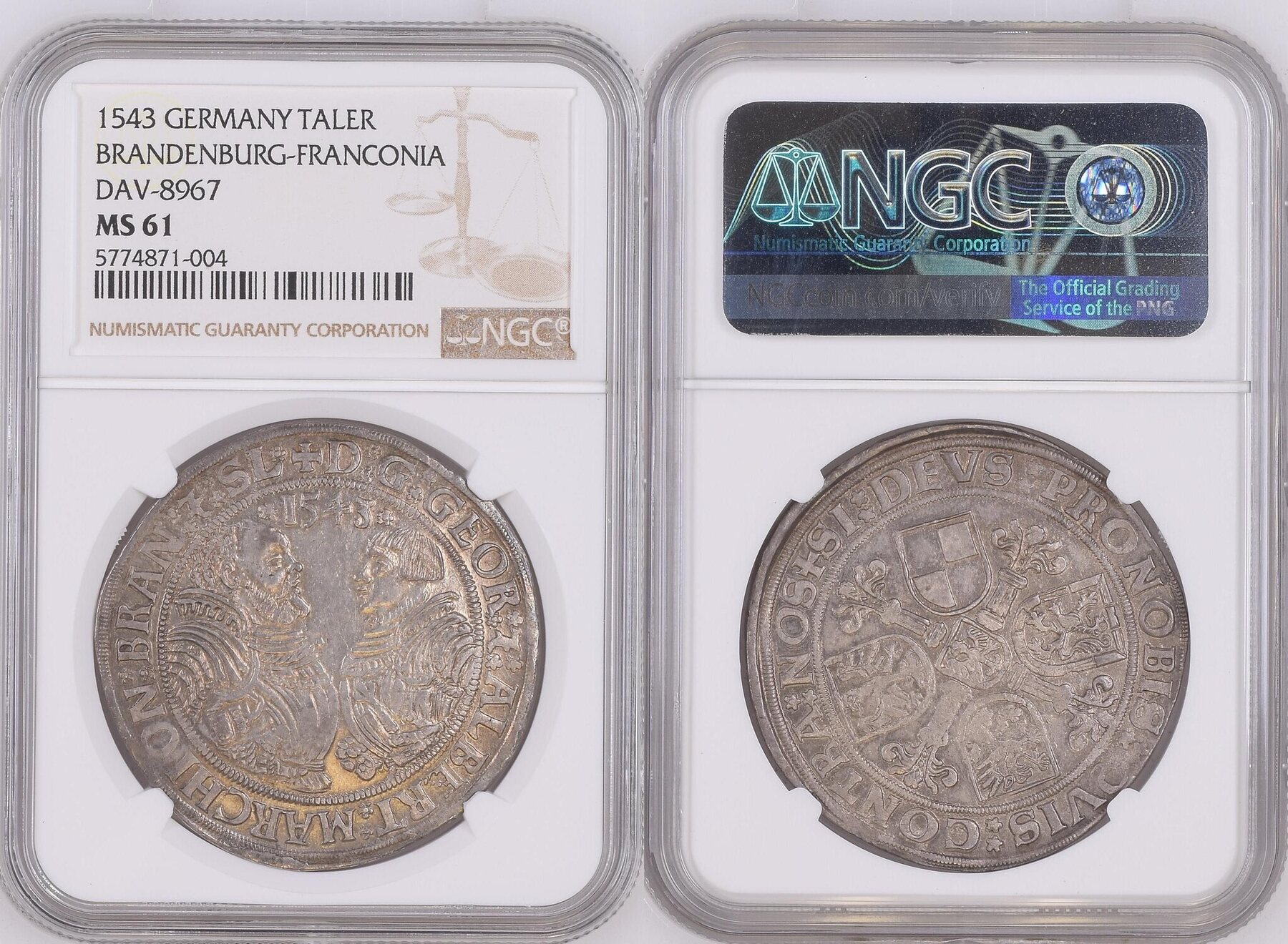 ドイツブランデンブルグ1543年ターラー銀貨MS61画像