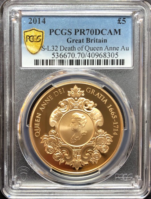 イギリス2014年エリザベス5ポンド金貨アン女王没後300年 PCGS PR70DCAM画像