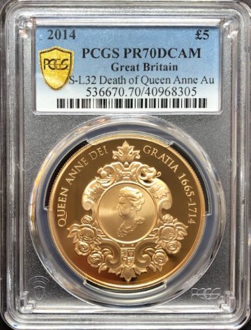 イギリス2014年エリザベス5ポンド金貨アン女王没後300年 PCGS PR70DCAM画像
