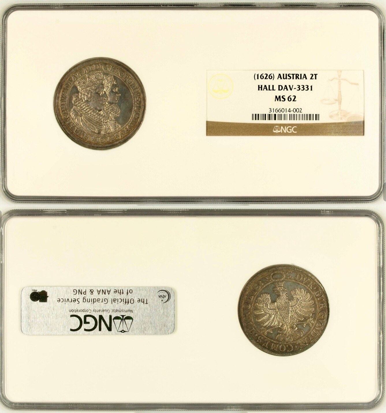 オーストリア1626年2ターラー銀貨PCGS MS62画像