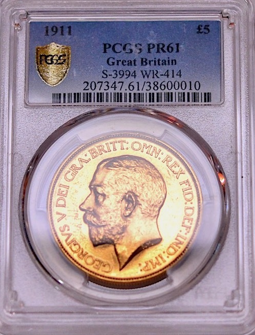 イギリス1911年ジョージ5世5ポンド金貨 PCGS PR61画像