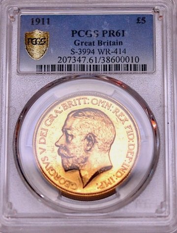 イギリス1911年ジョージ5世5ポンド金貨 PCGS PR61画像