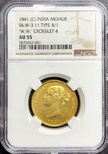 ブリティッシュインディア1841年ヴィクトリアモハー金貨NGC AU55画像