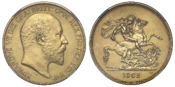 イギリス1902年エドワード7世5ポンド金貨NGC PF61 マット画像