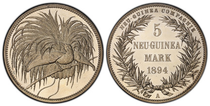 ドイツ領ニューギニア1894年5マルク銀貨 極楽鳥PCGS PR64 Cameo