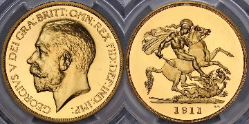 イギリス1911年ジョージ5世5ポンド金貨PCGS PR63CAM画像