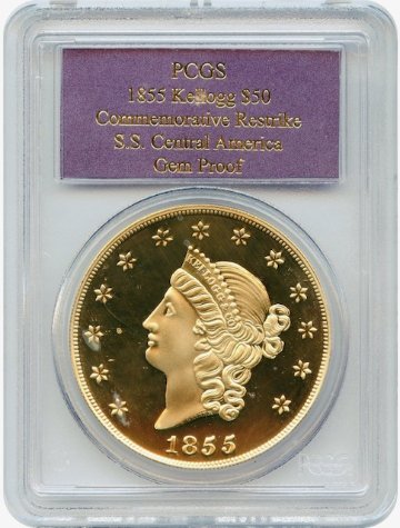 アメリカ ケロッグ1855年50ドル金貨PCGS GEMプルーフリストライク画像