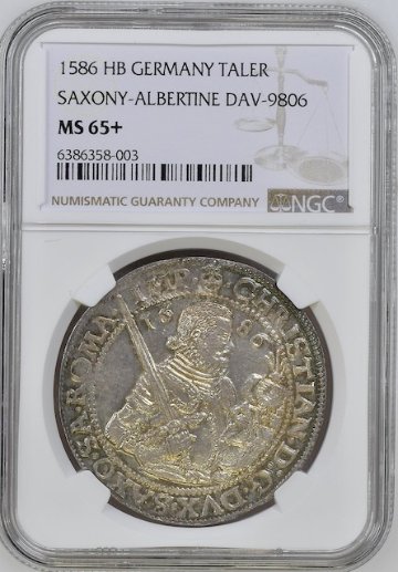 ドイツ ザクソン1586年ターラー銀貨 MS65+画像