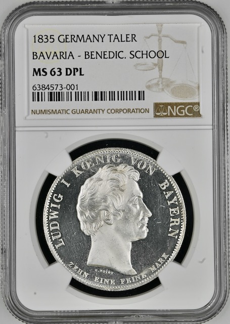 ドイツ ババリア1835年ターラー銀貨 MS63DPL画像