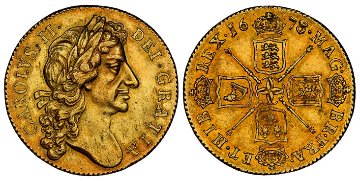 イギリス1678年チャールズ2世2ギニー金貨NGC AU58+画像