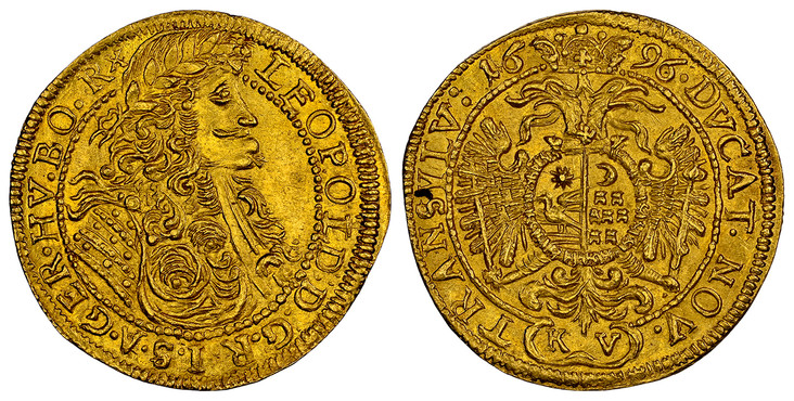 神聖ローマ帝国トランシルバニア1696年レオポルト1世1ダカット金貨 NGCMS65画像