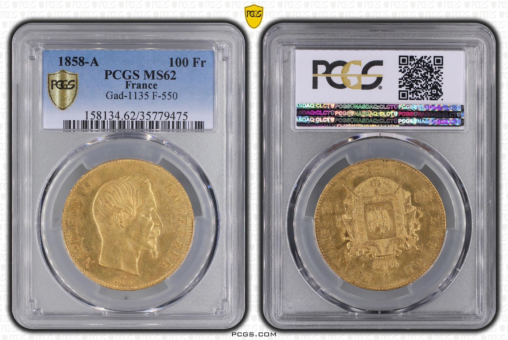 フランス1858年ナポレオン3世100フラン金貨PCGS MS62画像