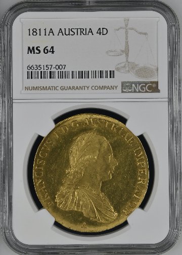オーストリア1811年4ダカット金貨NGC MS64 最高鑑定画像