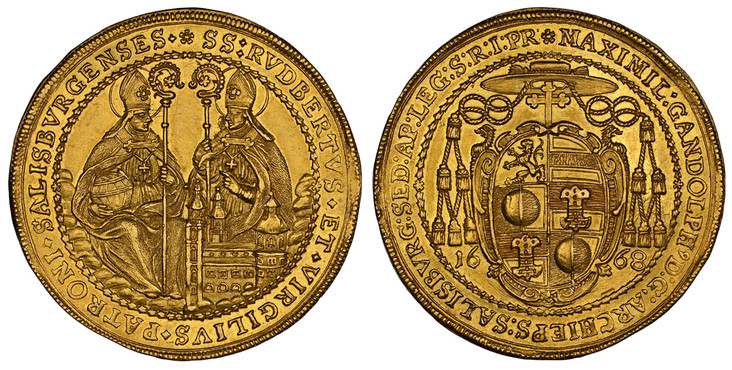 オーストリア ザルツブルク1668年5ダカット金貨 NGC M62の画像