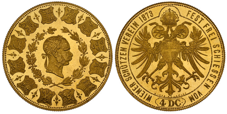 オーストリア1873年/1973年リストライク4ダカット金メダルNGC MS67PL画像