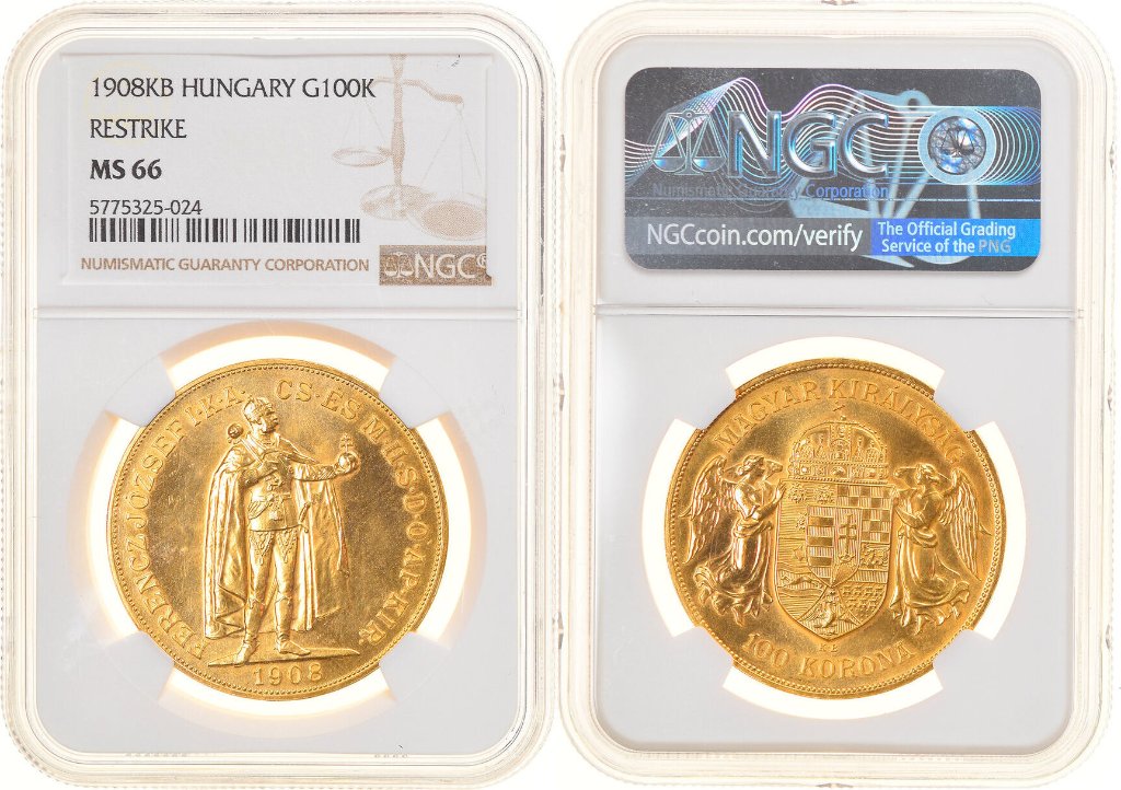 1908年 ハンガリー100コロナ・リストライク金貨【NGC鑑定 MS67】