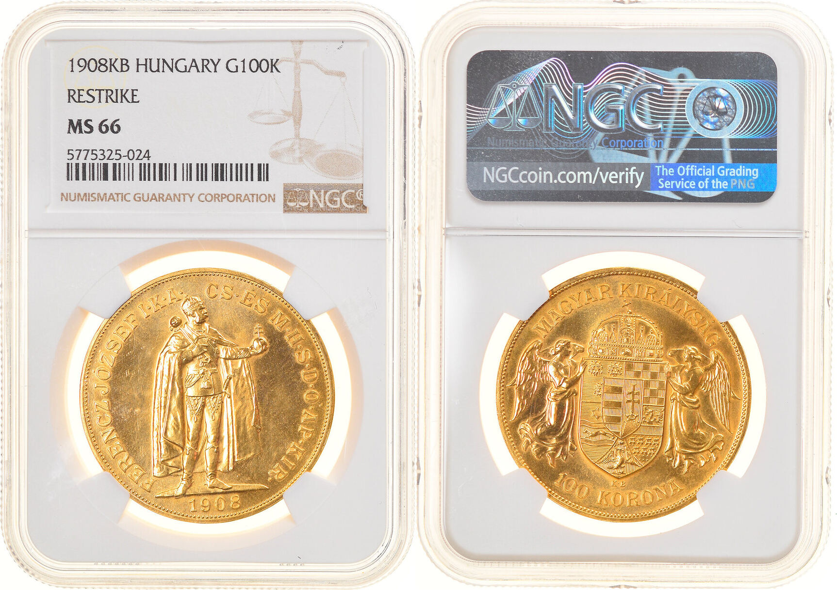 ハンガリー1908年100コロナ金貨リストライク NGC MS66画像