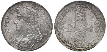 イギリス1687年ジェームス2世クラウン銀貨NGC MS64＋ 最高鑑定画像