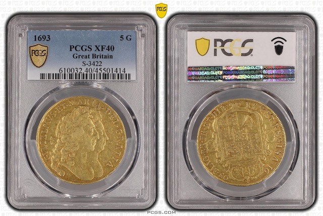 1693年ウイリアム＆メアリ 5ギニー金貨 PCGS XF40の画像