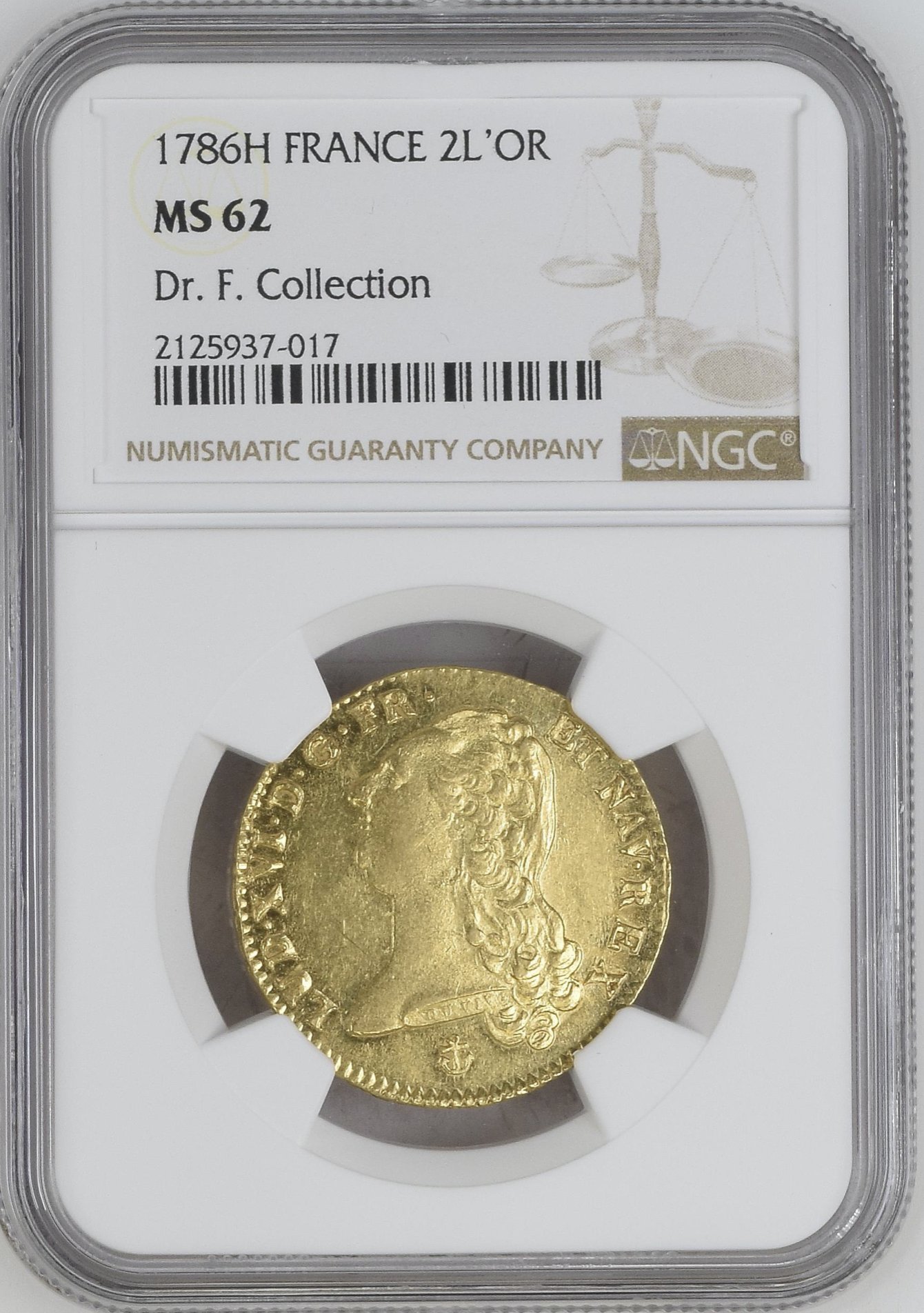 フランス1786年ルイ16世 2ルイドール金貨 NGC MS62画像