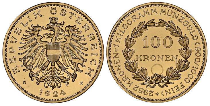 オーストリア1924年100クローネ金貨NGC PL63CAMEO画像