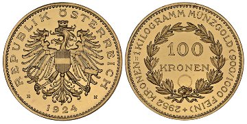 オーストリア1924年100クローネ金貨NGC PL63CAMEO画像