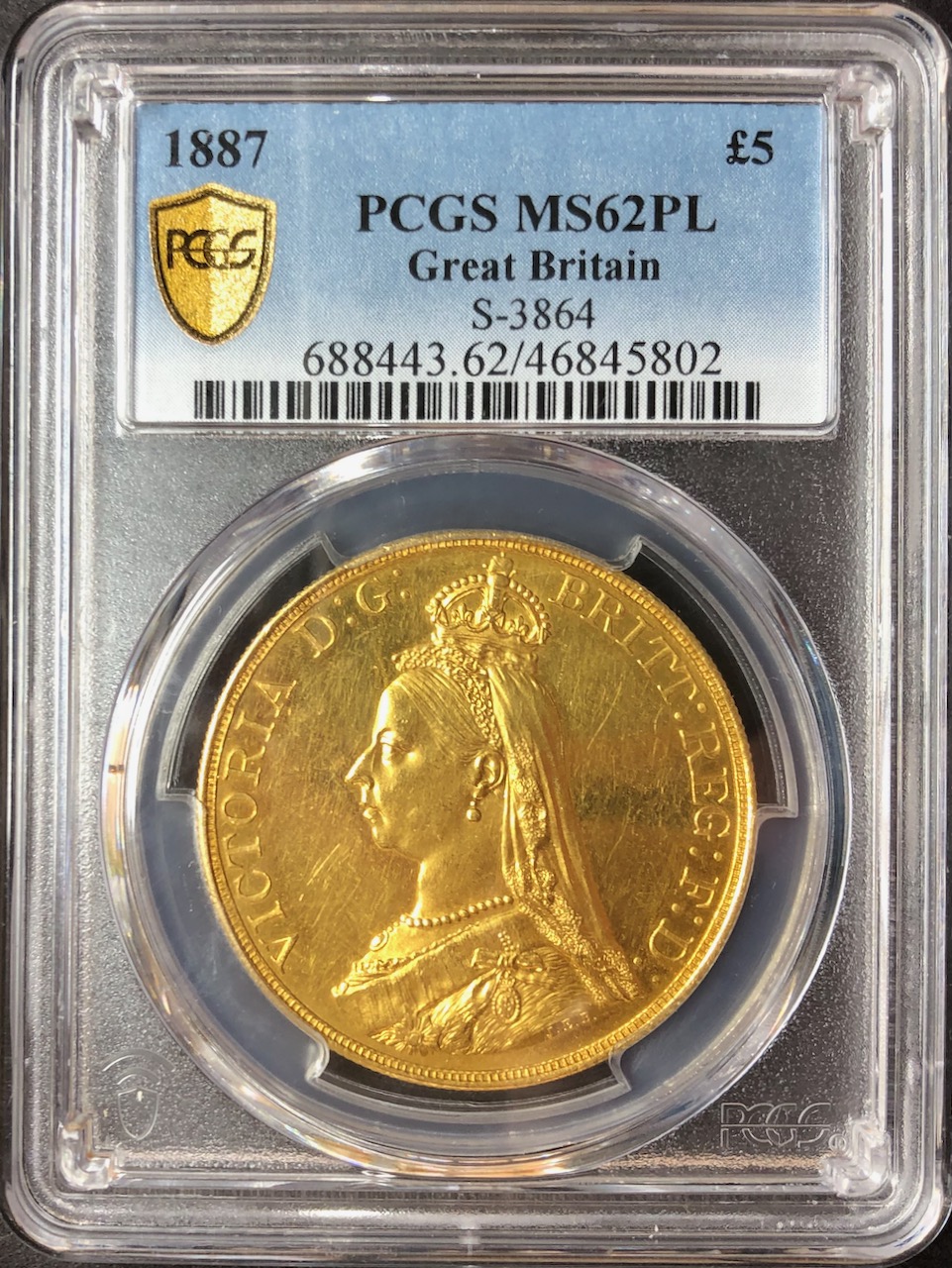イギリス1887年ヴィクトリア5ポンド金貨 PCGS MS62PL画像