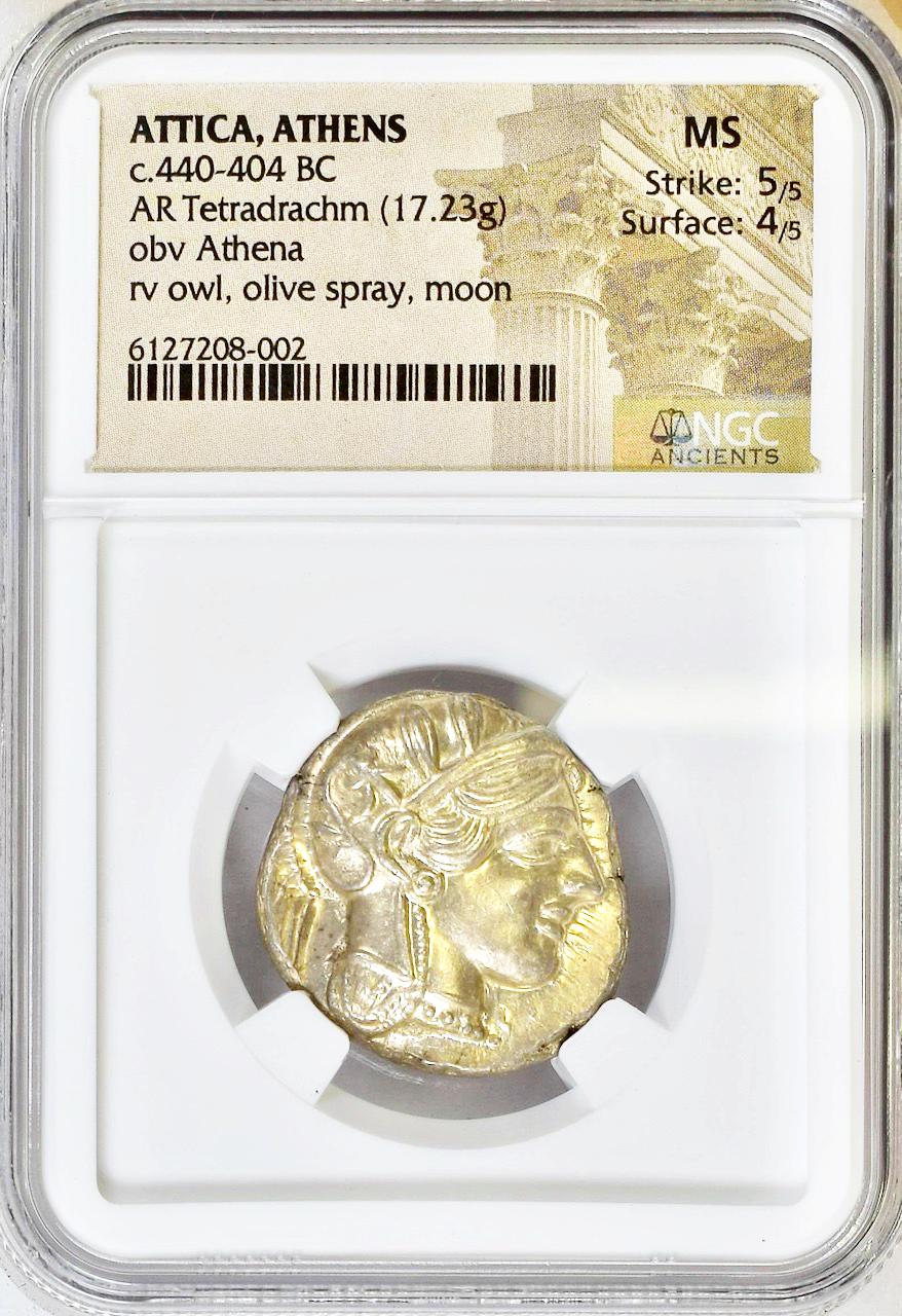 古代ギリシャBC440ー404 アッティカアテネ フクロウテトラドラクマ銀貨MS 5/5 4/5画像