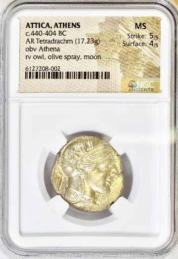 古代ギリシャBC440ー404 アッティカアテネ フクロウテトラドラクマ銀貨MS 5/5 4/5画像