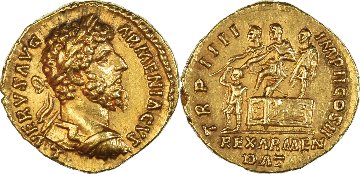 古代ローマ AD163-164年 ルキウス ウエルス アウレウス金貨画像