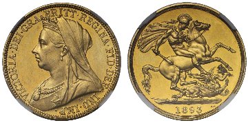 イギリス1893年ヴィクトリア2ポンド金貨NGC PF62画像