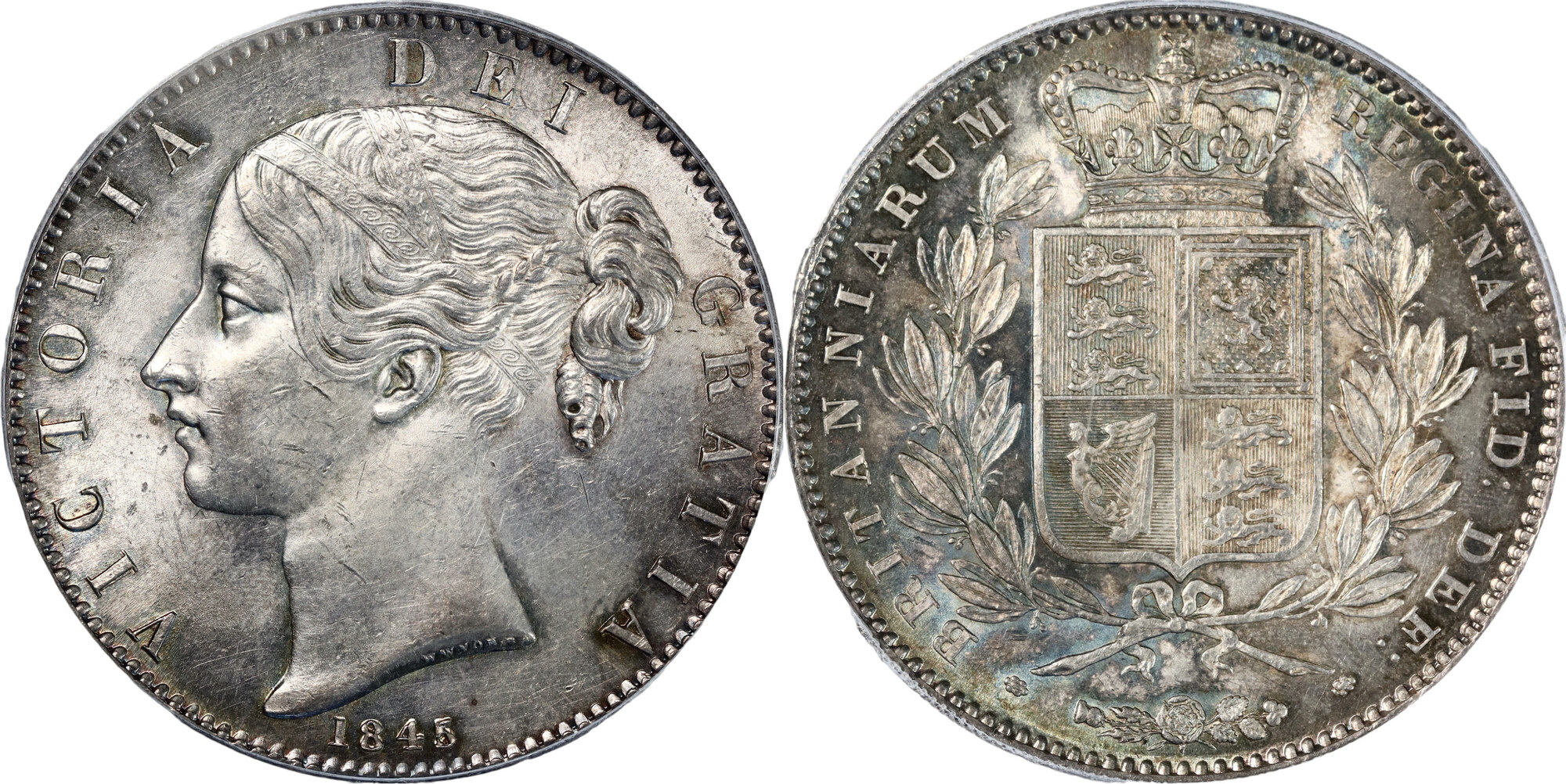 イギリス1845年ヤングヴィクトリア クラウン銀貨PCGS MS61画像