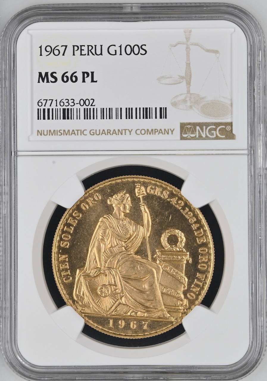売約ずみ ペルー1966年100ソル金貨NGC MS66PL 最高鑑定画像