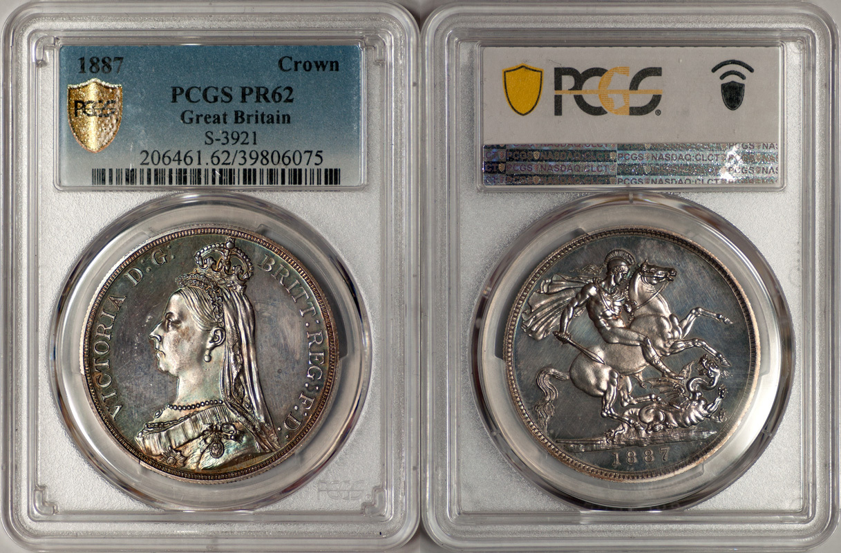 イギリス1887年ヴィクトリアプルーフクラウン銀貨PCGS PR62画像