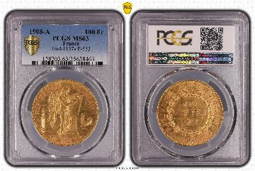 フランス1908年100フラン金貨 PCGS MS63画像