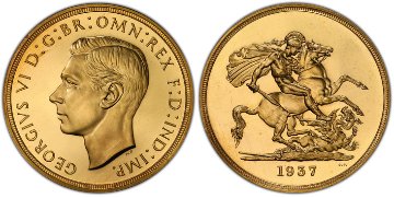 イギリス1937年ジョージ6世5ポンド金貨PCGS PR65画像