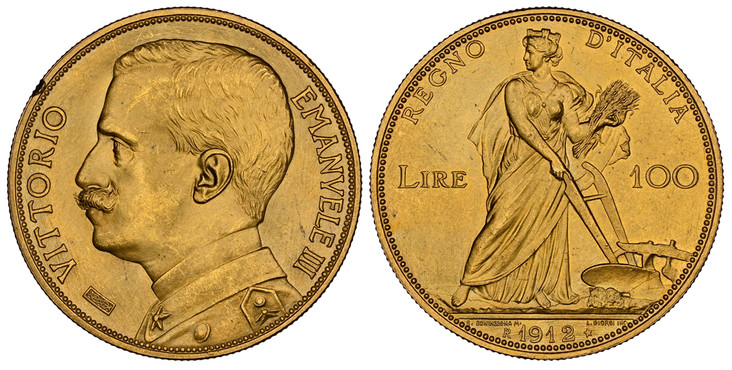 イタリア1912年ヴィットリオエマニュエル3世100リレ金貨NGC MS63　豊穣の女神画像