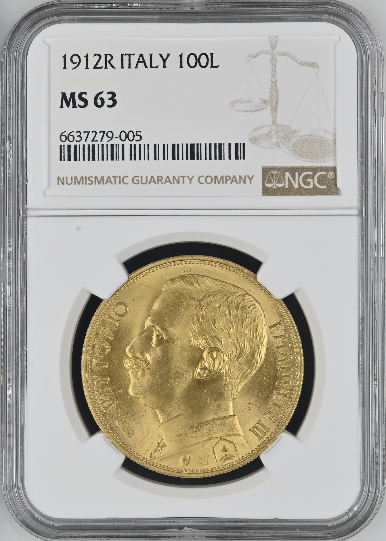 イタリア1912年ヴィットリオエマニュエル3世100リレ金貨NGC MS63　豊穣の女神画像