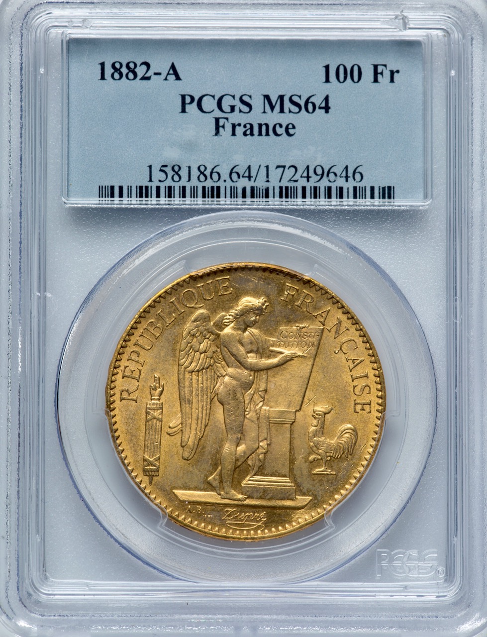 フランス1882年エンジェル 100フラン金貨 PCGS MS64画像