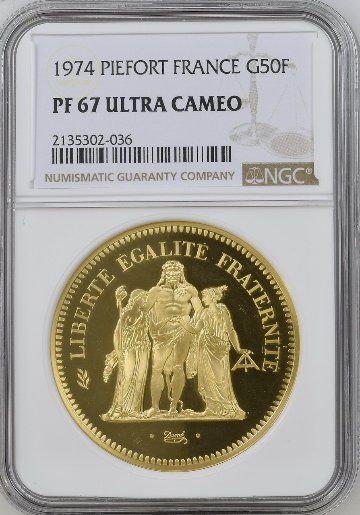 フランス1974年50フラン金貨ピエフォーNGC PF67 UCAM画像