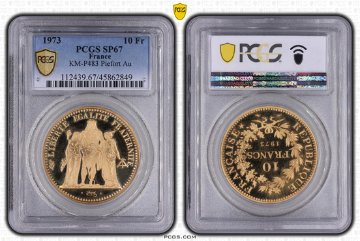 フランス1973年10フラン金貨ピエフォーPCGS SP67画像