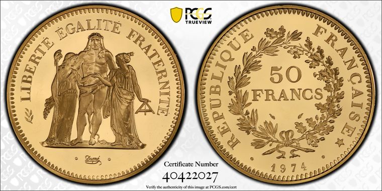 フランス1974年50フラン金貨ピエフォーSP66画像