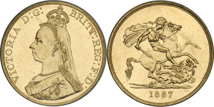 イギリス1887年ヴィクトリア5ポンド金貨PCGS MS63画像